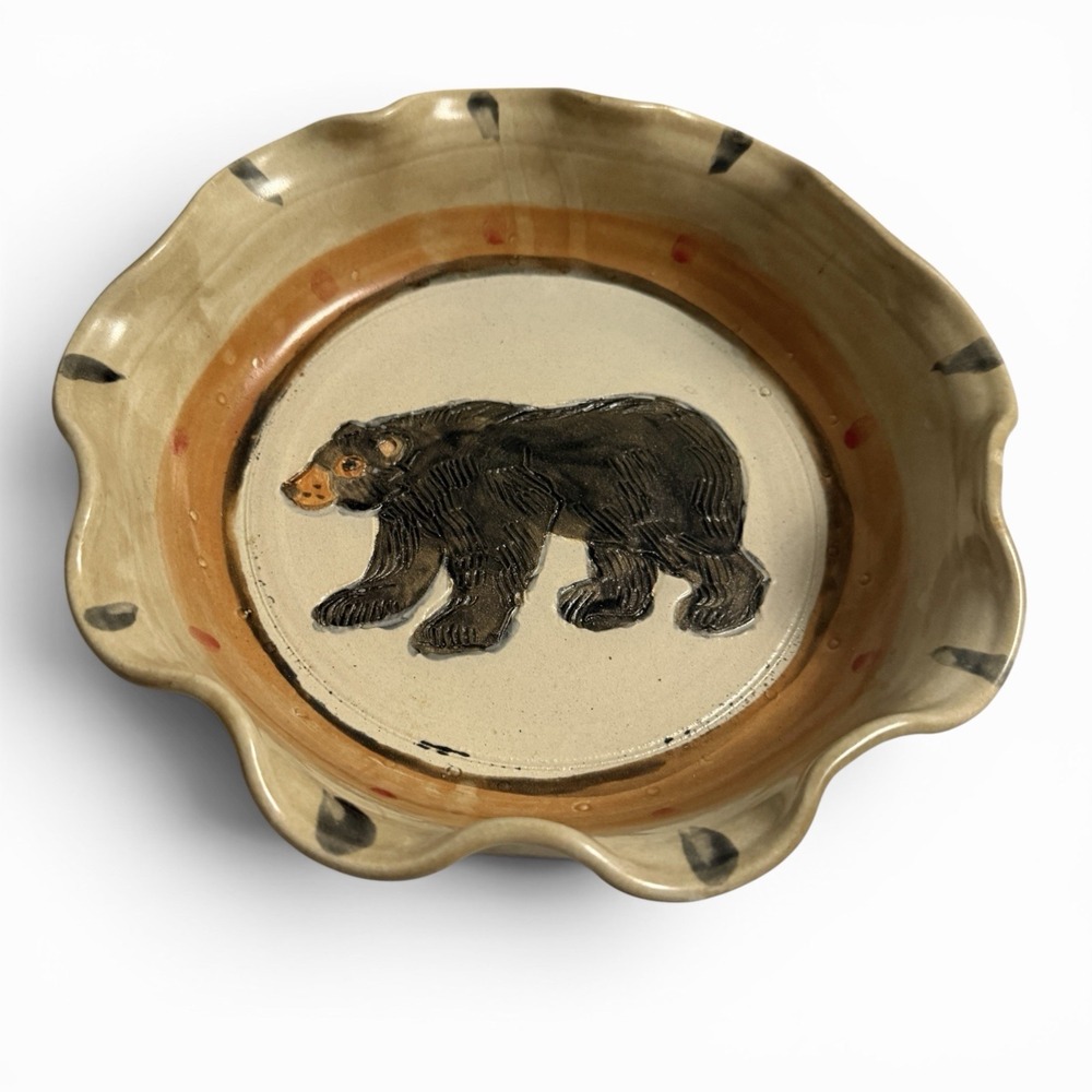 Bear Pottery Artist Signed Large Bowl Dish Scalloped Edges‎ 10" Rustic Cabin